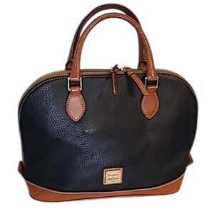 Dooney & Bourke Top Zip Zip Dome Satchel Purse Bag Black Tan Pebbled Leather